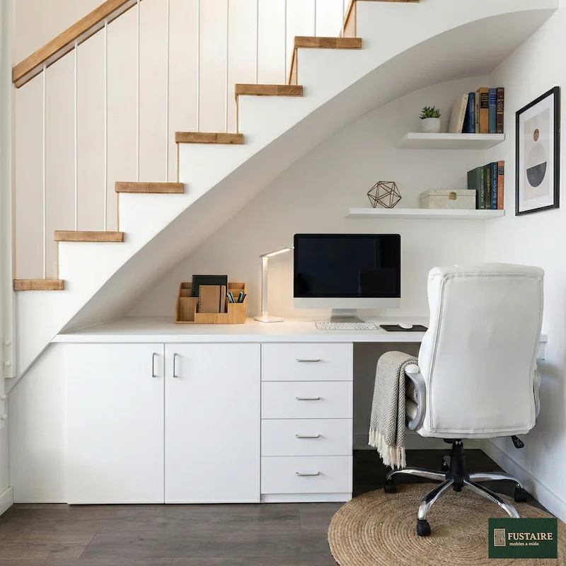 Escritorio y mueble de almacenaje a medida bajo escalera en color blanco mate con cajonera y estantes flotantes fabricado por Fustaire en Barcelona