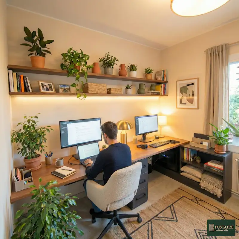 Escritorio esquinero a medida para teletrabajo en madera natural con cajoneras oscuras, estanterías flotantes e iluminación LED fabricado por Fustaire en Barcelona