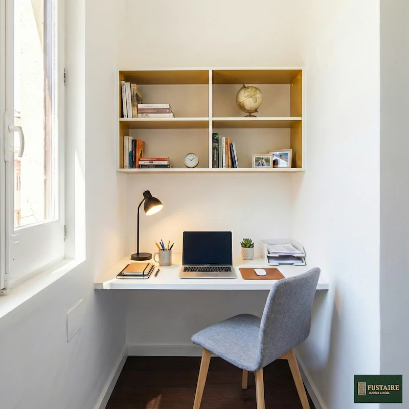 Escritorio flotante a medida compacto en blanco y madera para aprovechar un rincón o hueco arquitectónico fabricado por Fustaire