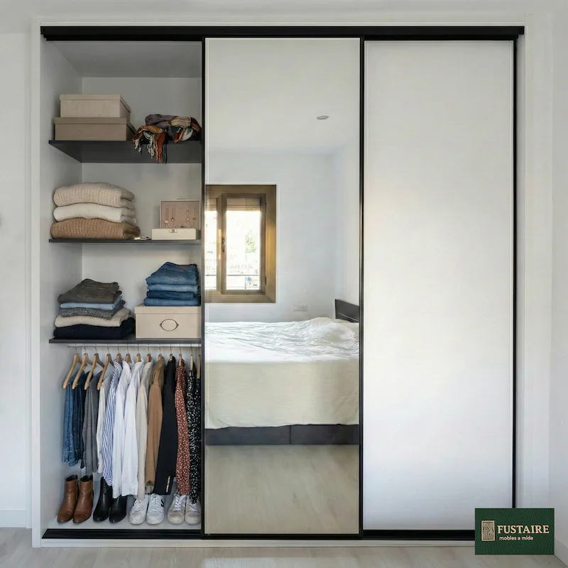 Interior de armario a medida con doble barra de colgar para camisas y estantes superiores en dormitorio por Fustaire