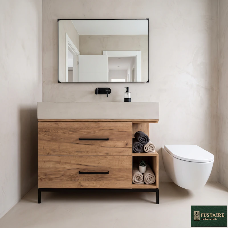 Mueble de baño a medida de estilo industrial en madera de roble rústico con estantería abierta, lavabo de bloque y estructura metálica negra fabricado por Fustaire